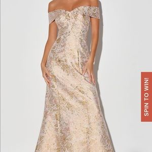 Lulu’s Champagne Jacquard Off Shoulder Maxi Dress